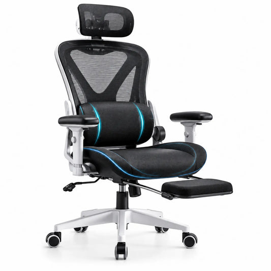 Chaise de bureau en maille avec repose-pieds, noir et argent
