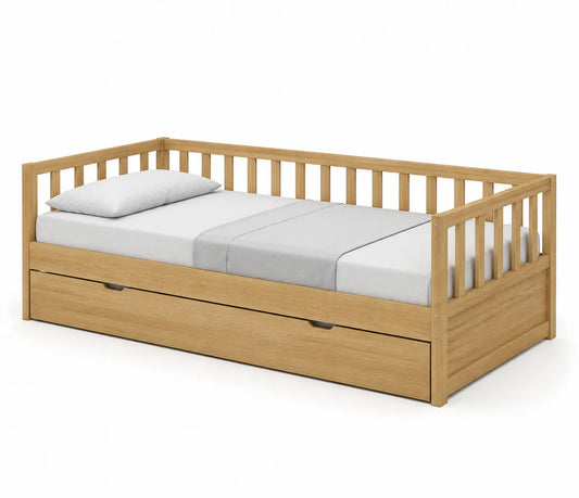 Lit gigogne en bois de pin avec tiroir de rangement et matelas