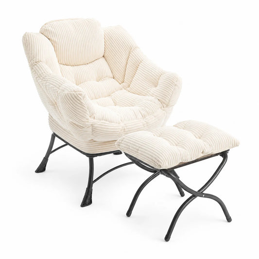 Fauteuil avec repose-pieds en tissu côtelé et métal