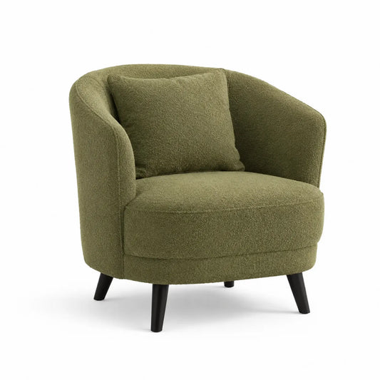 Fauteuil en tissu bouclé vert avec coussin et pieds en bois