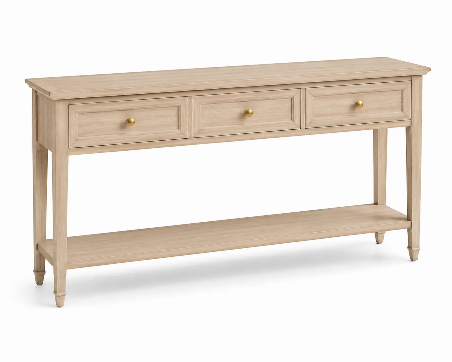 Console en bois de chêne clair avec 3 tiroirs et étagère