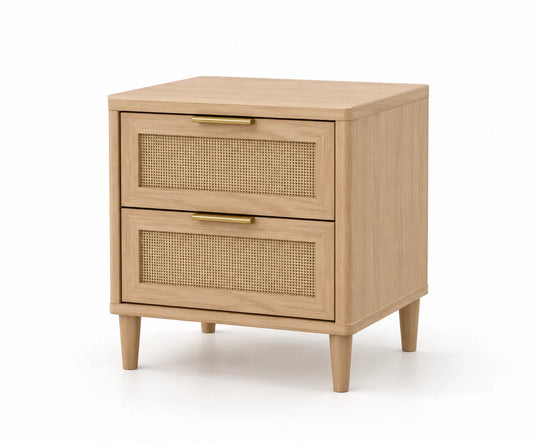 Table de chevet en bois avec tiroirs en rotin