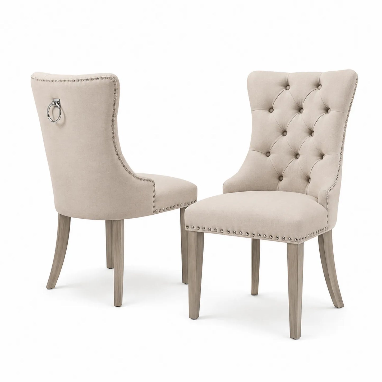 Chaise en tissu beige avec pieds en bois, lot de deux