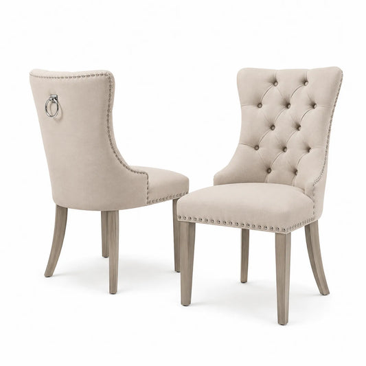 Chaise en tissu beige avec pieds en bois, lot de deux