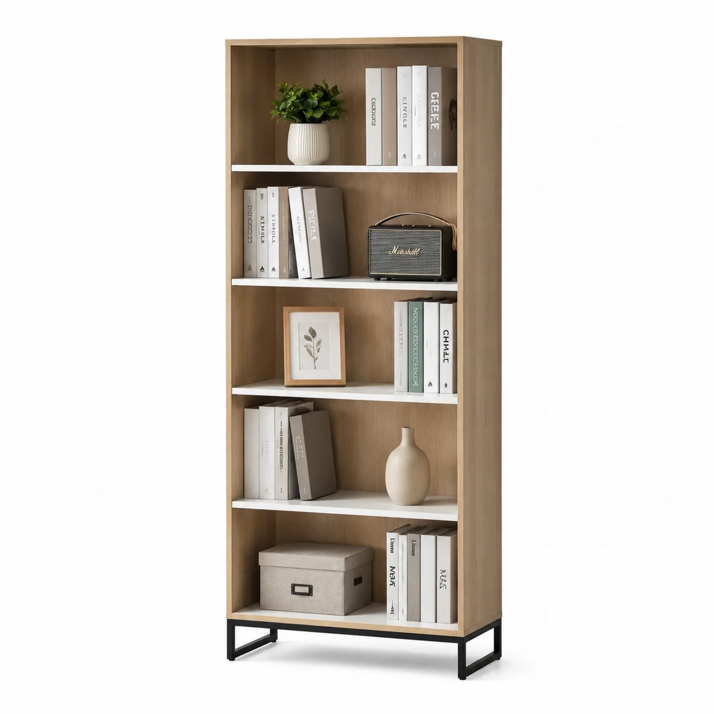 Bibliothèque en bois et métal chêne/noir 180x80x30 cm