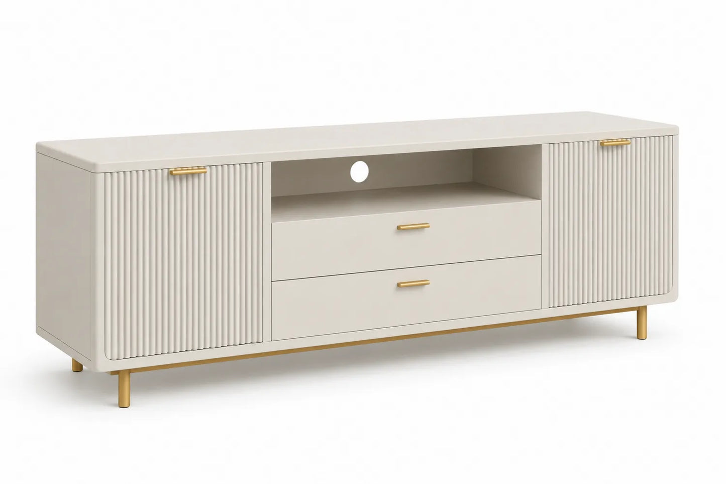 Meuble TV en bois MDF blanc crème avec portes rainurées et pieds métalliques