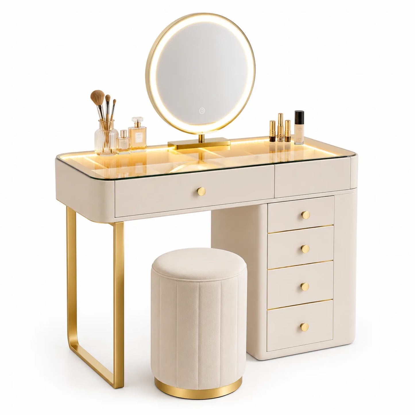 Coiffeuse en bois avec miroir LED et tabouret beige doré