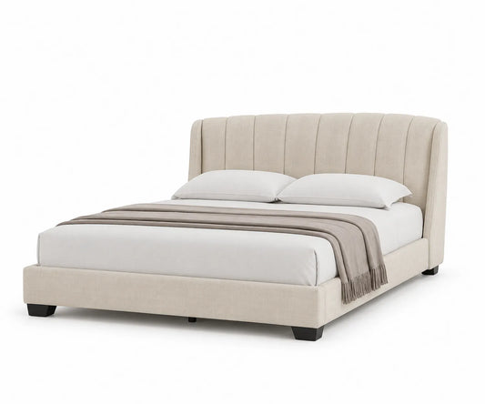 Lit double en bois et tissu beige 220 cm x 160 cm
