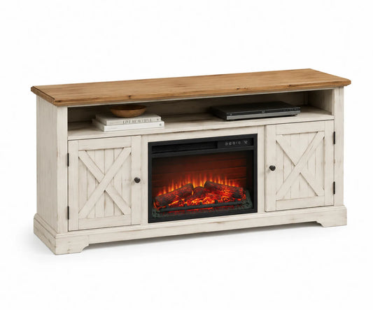 Meuble TV avec cheminée électrique en bois de pin et chêne