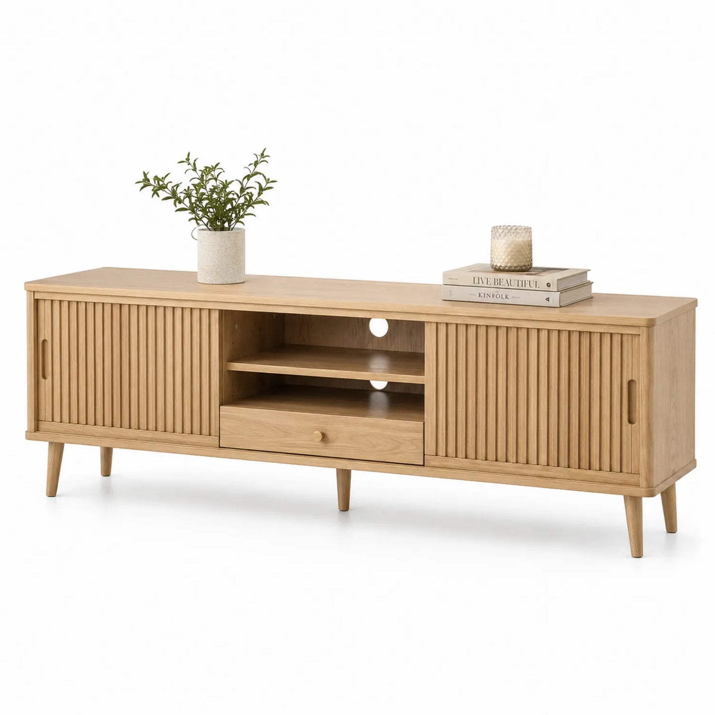 Meuble TV en bois avec portes coulissantes et tiroir en chêne
