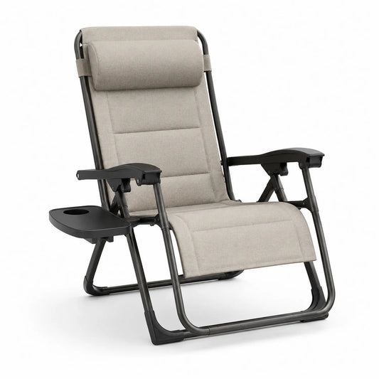 Chaise longue pliante d'extérieur en métal et tissu beige avec accoudoirs