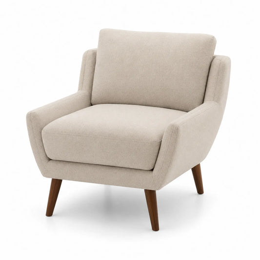 Fauteuil en tissu beige avec pieds en bois de hêtre
