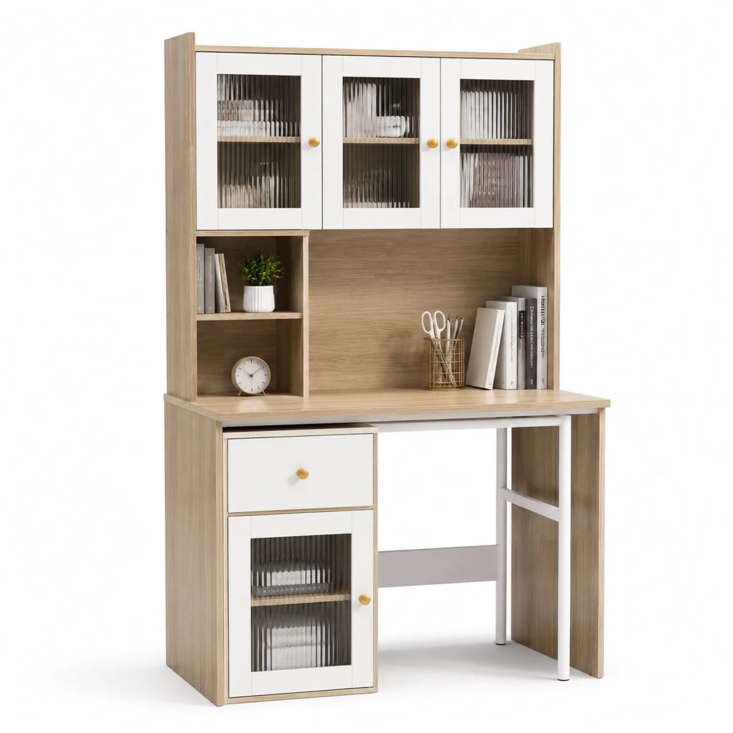 Bureau en bois et métal avec rangements, hauteur 150 cm