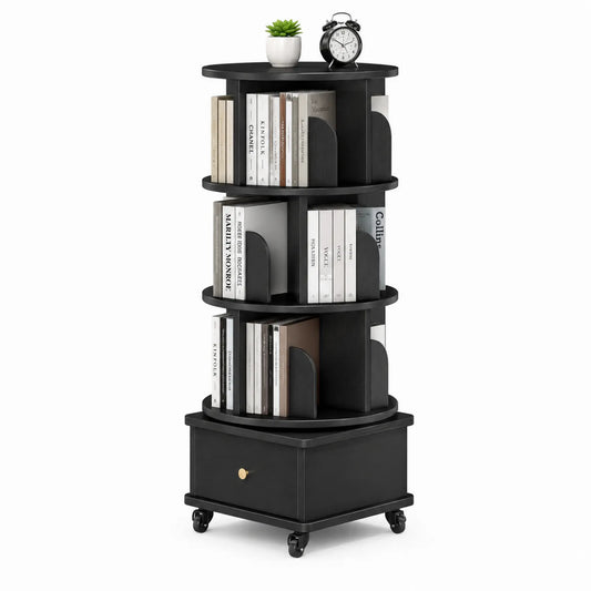 Étagère rotative noire en bois avec tiroir et roulettes
