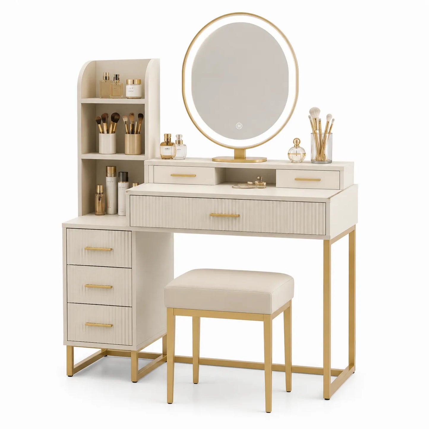 Coiffeuse en bois MDF et métal avec miroir LED et tabouret, Blanc et Or