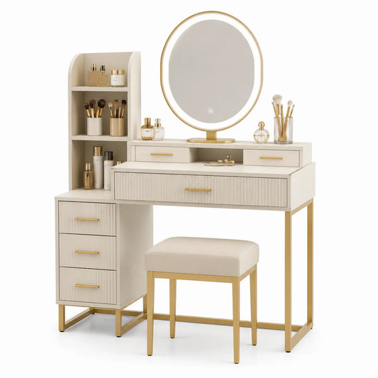 Coiffeuse en bois MDF et métal avec miroir LED et tabouret, Blanc et Or