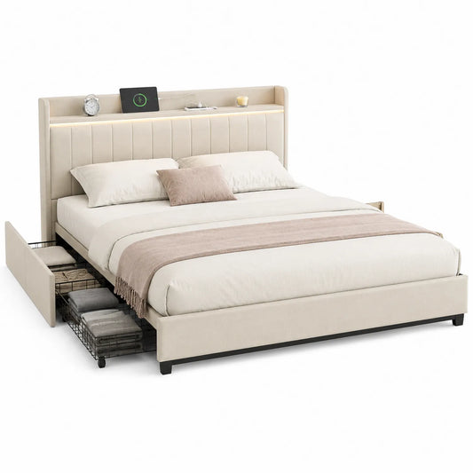 Lit double en bois avec rangement intégré 160x200 cm