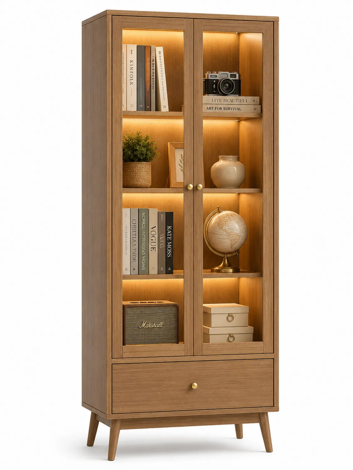 Bibliothèque en Bois avec Portes en Verre Trempé et Éclairage Chêne Clair
