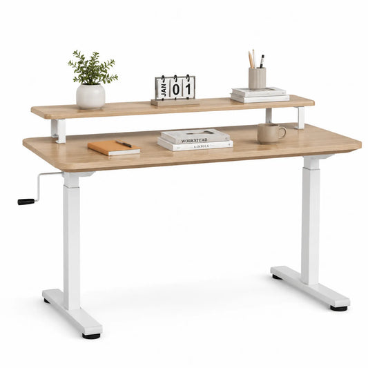 Bureau réglable en bois et métal blanc avec étagère