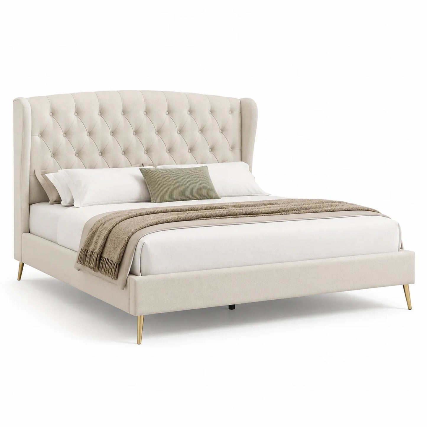 Lit en velours beige avec tête de lit capitonnée et pieds en métal