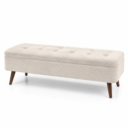 Banc Rembourré en Bouclé Beige avec Pieds en Bois