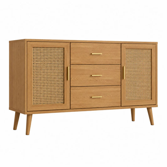 Buffet en bois chêne avec portes en rotin et trois tiroirs