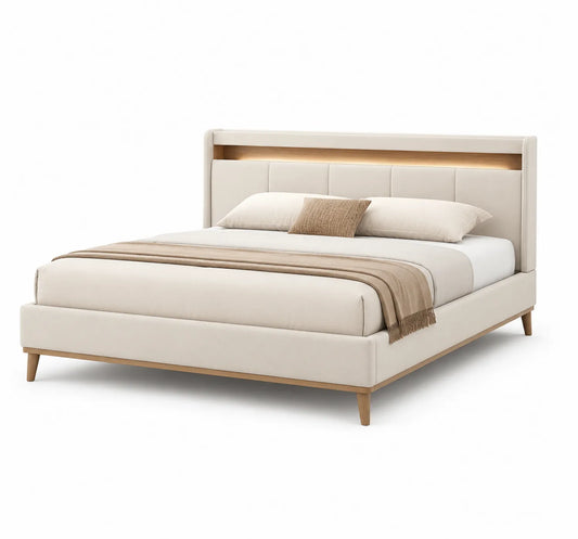 Lit double en bois et tissu avec éclairage intégré 200x160 cm