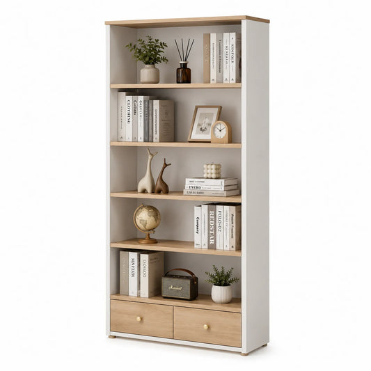 Bibliothèque en Bois Blanc et Chêne avec Étagères et Tiroirs