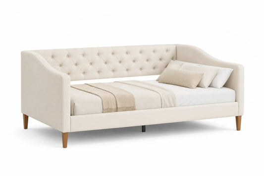 Lit banquette en tissu beige avec dossier capitonné
