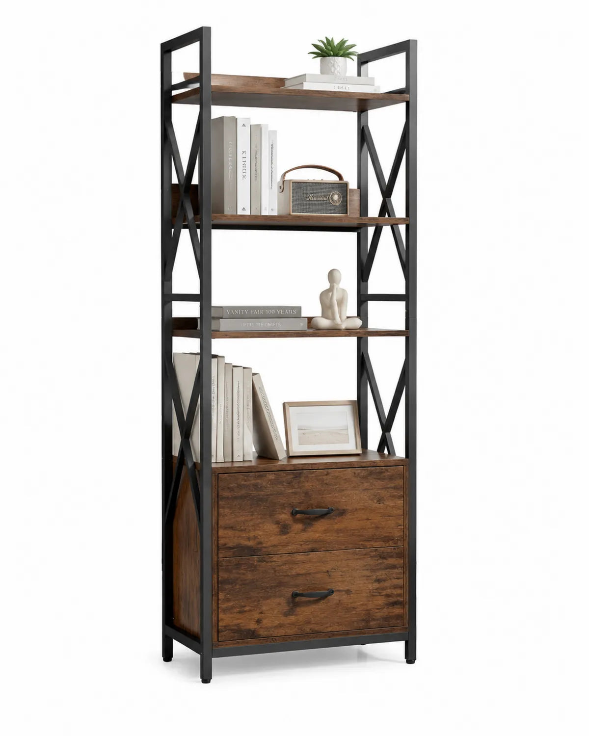 Étagère en bois et métal avec tiroirs 180x80x30 cm