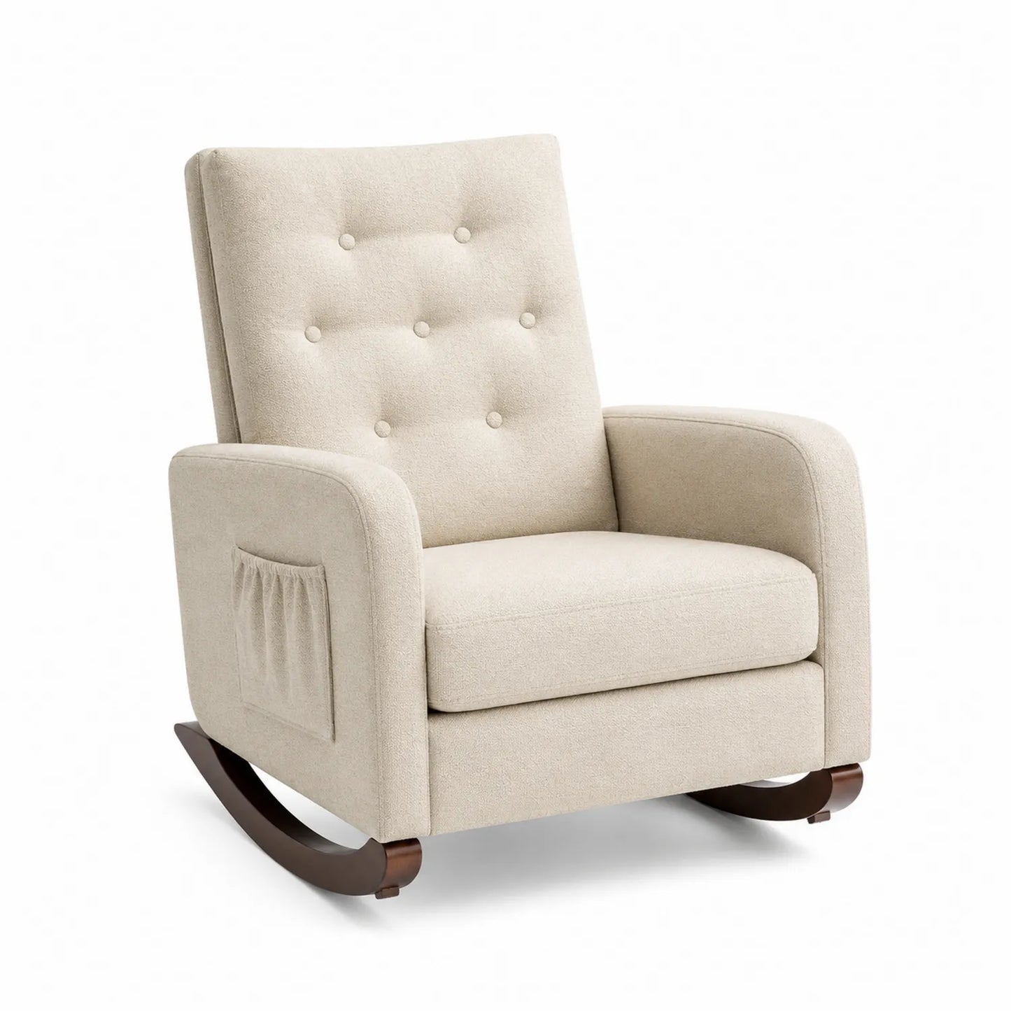 Fauteuil à bascule en tissu beige avec structure en bois massif