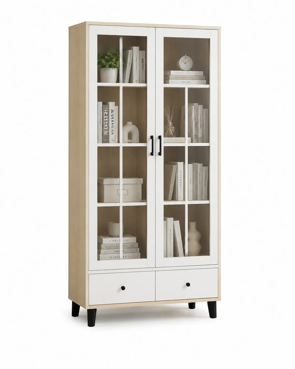 Bibliothèque en Bois avec Portes en Verre Trempé et Tiroirs 180x80x35 cm
