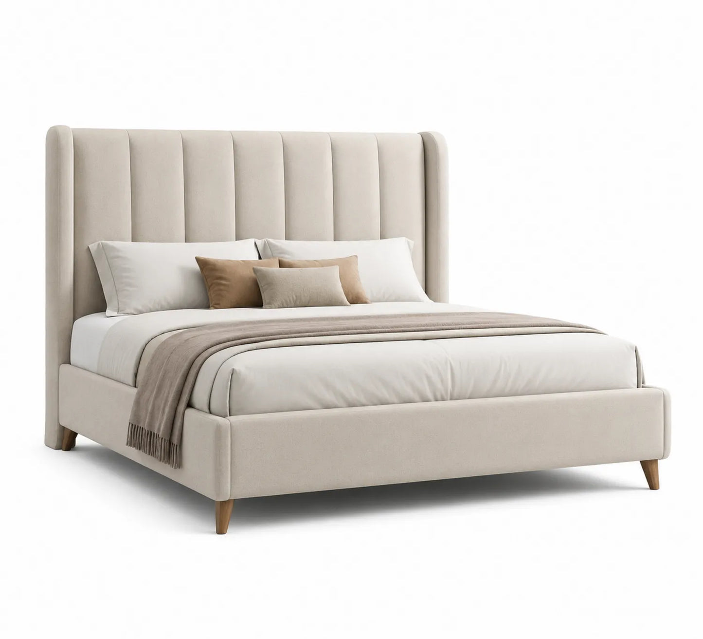 Lit double en bois et tissu beige avec tête de lit