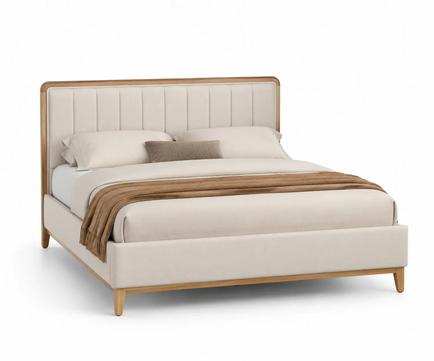 Lit double en bois et tissu polyester beige 200x160 cm