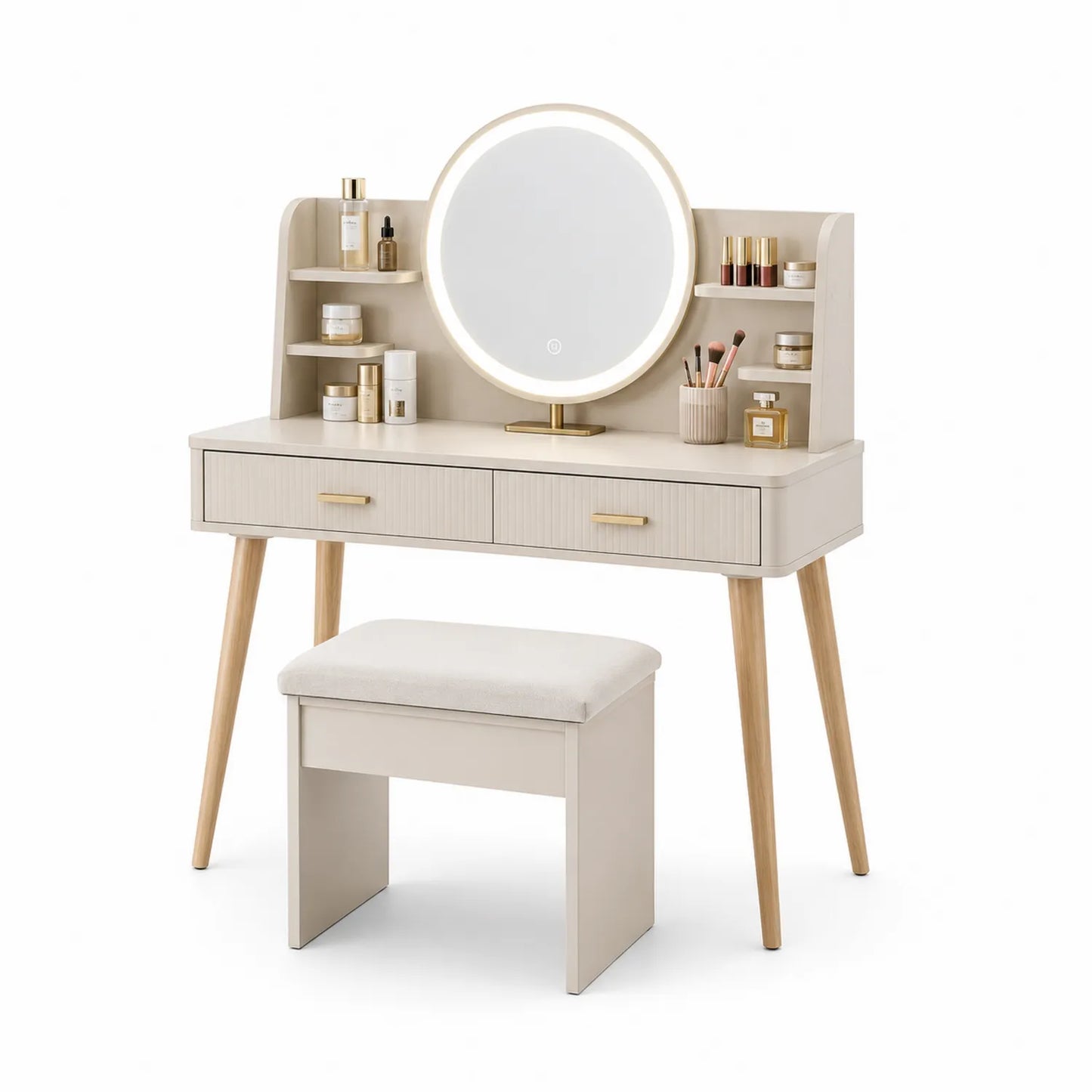 Coiffeuse avec miroir rond LED et tabouret en MDF