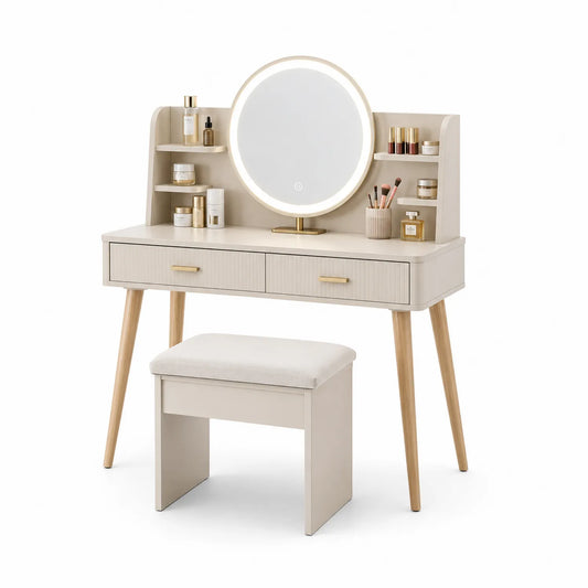 Coiffeuse avec miroir rond LED et tabouret en MDF